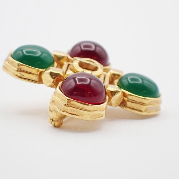 CHANEL CC Logo Gripoix Glass Brooch 97A Gold France Green Red Vintage 10RL404 - Picture 3 of 6